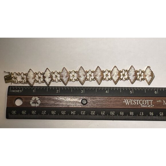 14K Gold Carved Shell Cameo Bracelet 6" With Geometric Diamond Design - Picture 3 of 16